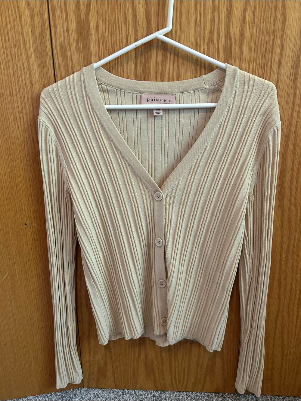 Philosophy Ribbed V-Neck Button Cardigan in Beige